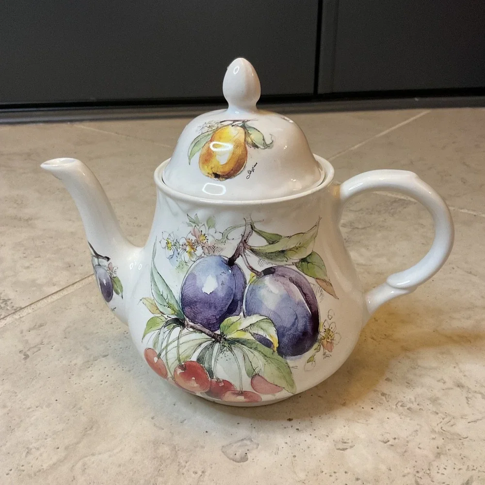 Arthur Wood & Son Staffordshire England Fruit Teapot 6420 Plum Cherry Pear White